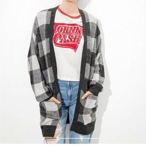 American Eagle Gray & White Plaid Open Cardigan Sweater